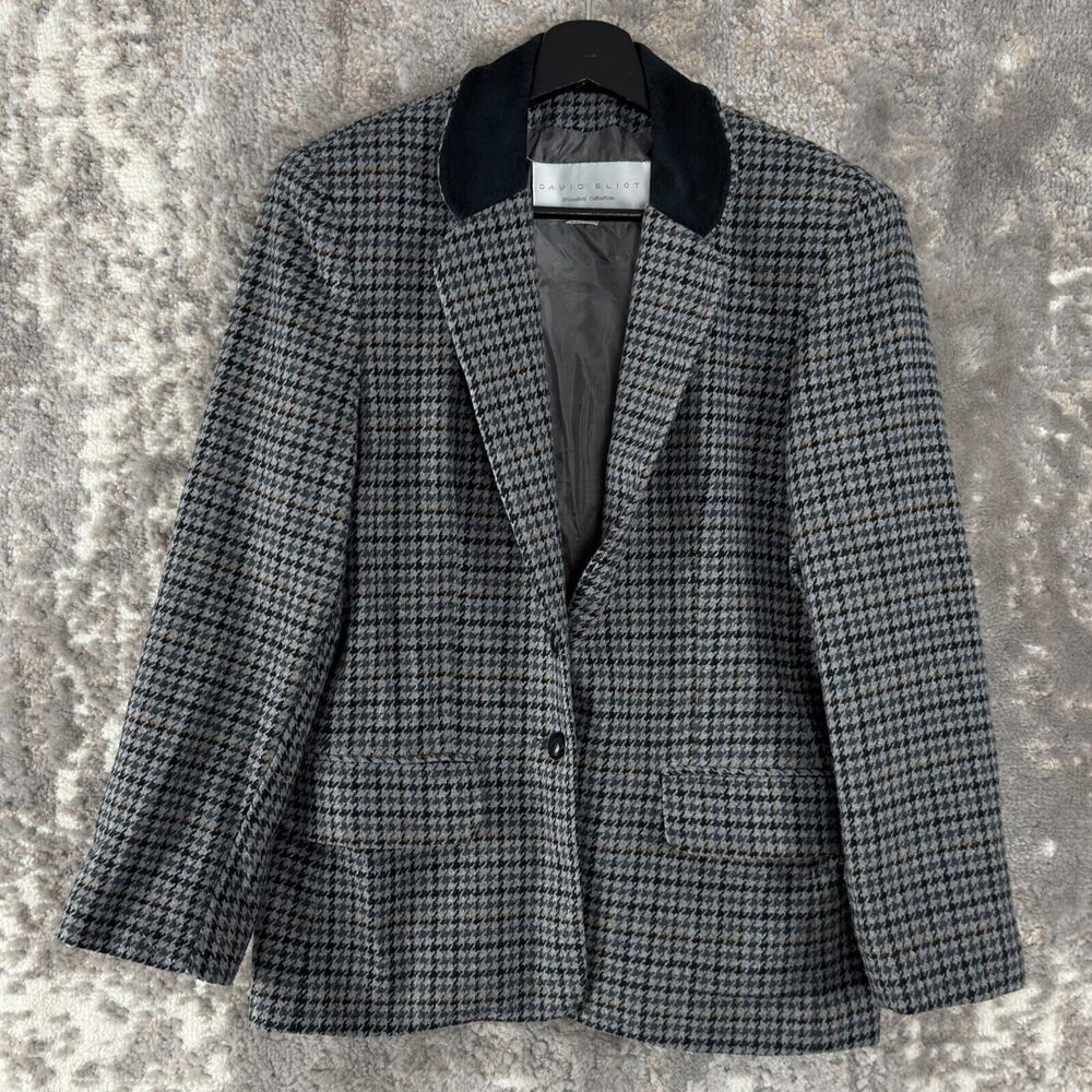 David Eliot Petite Size Mp Houndstooth Career V Neck Blazer Jacket Gray 2 Button